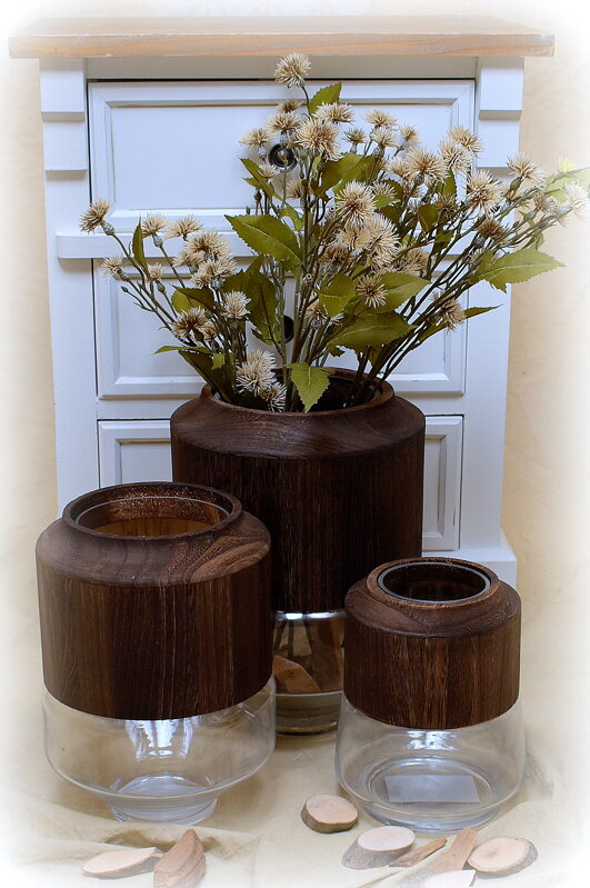 Váza skleneno -drevená / vyššia 